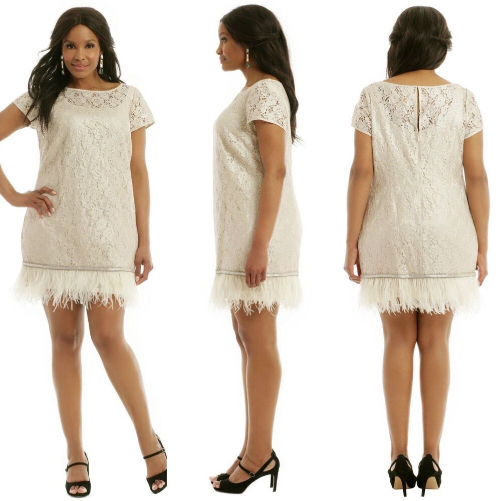 Kay Unger New York Women Size 16W Metallic Pearl Feather Floral Lace Shift Dress